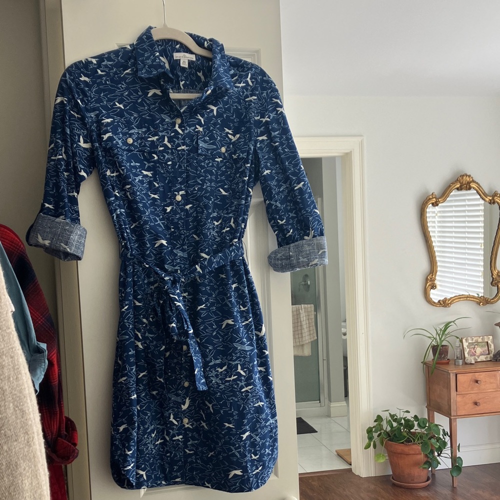 L.L. Bean Signature Blue Bird-Print Long-Sleeve Shirt Dress